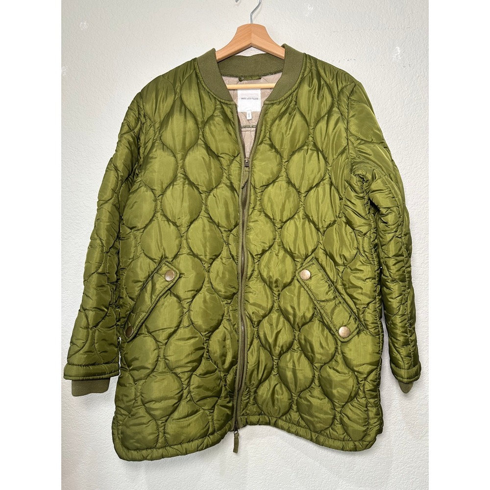 Avec Les Filles Womens Onion Quilted Longline Bomber Jacket Olive Green Large